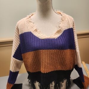 love J Frayed V-Neck Colorblock Sweater - Purple, Brown, Cream, Black Large